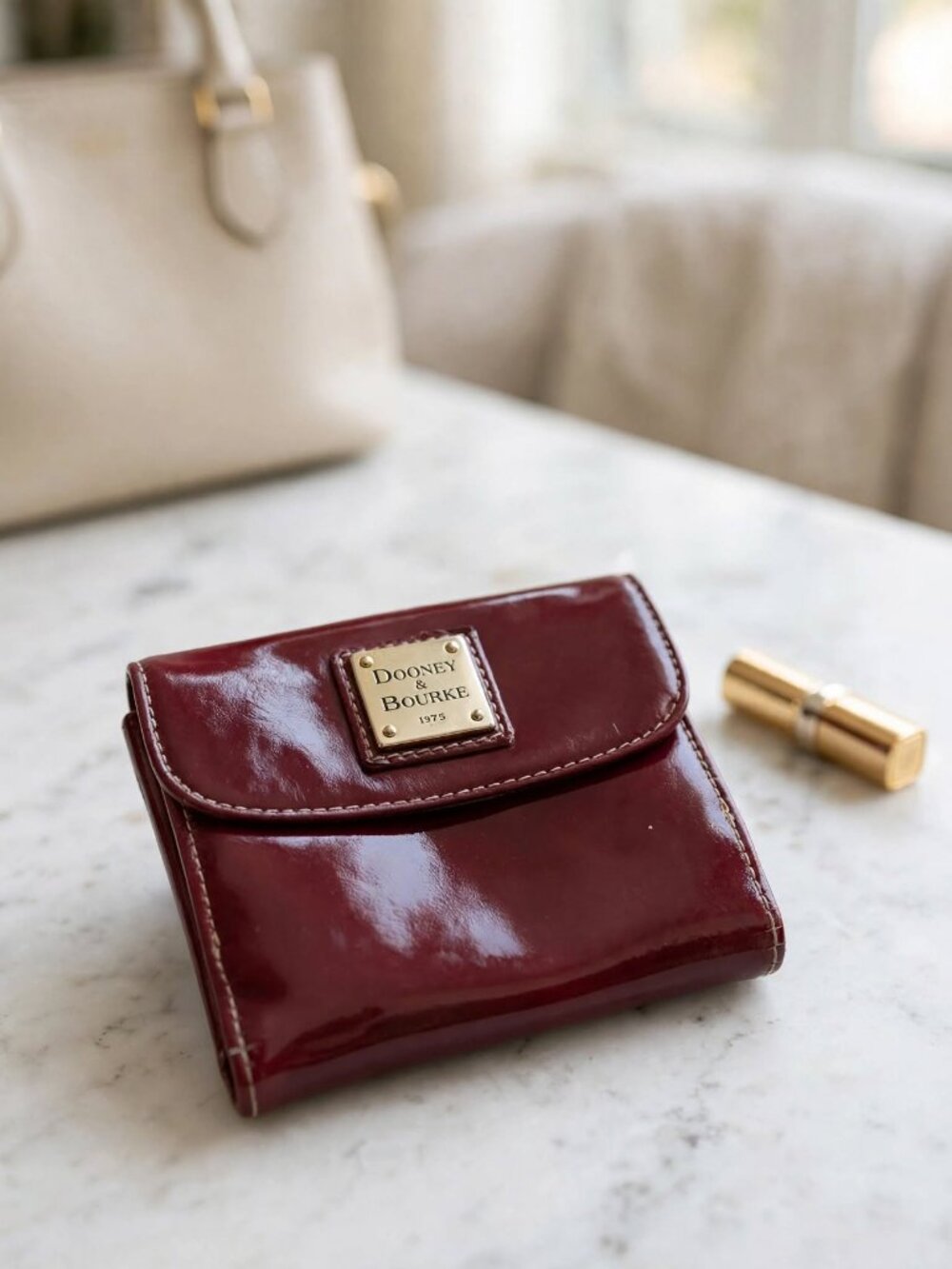 Dooney & Bourke 1975 Patent Leather Compact Wallet - Burgundy Oxblood